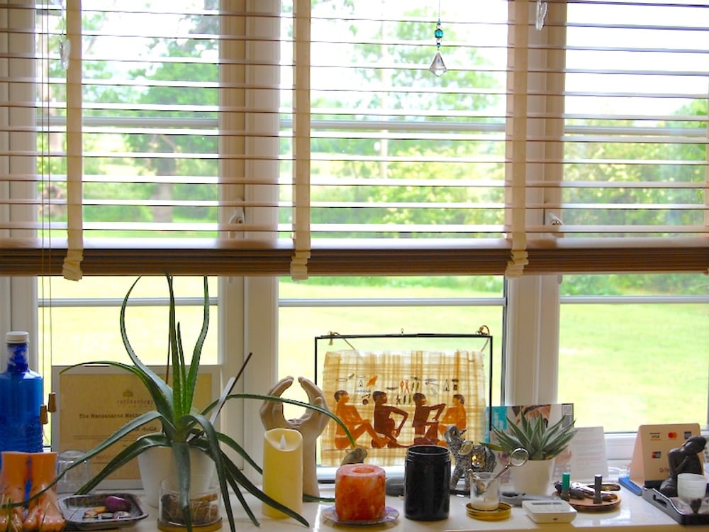 The view from the treatment room window across the green grounds, with a windowsill of plants, crystals and a salt lamp